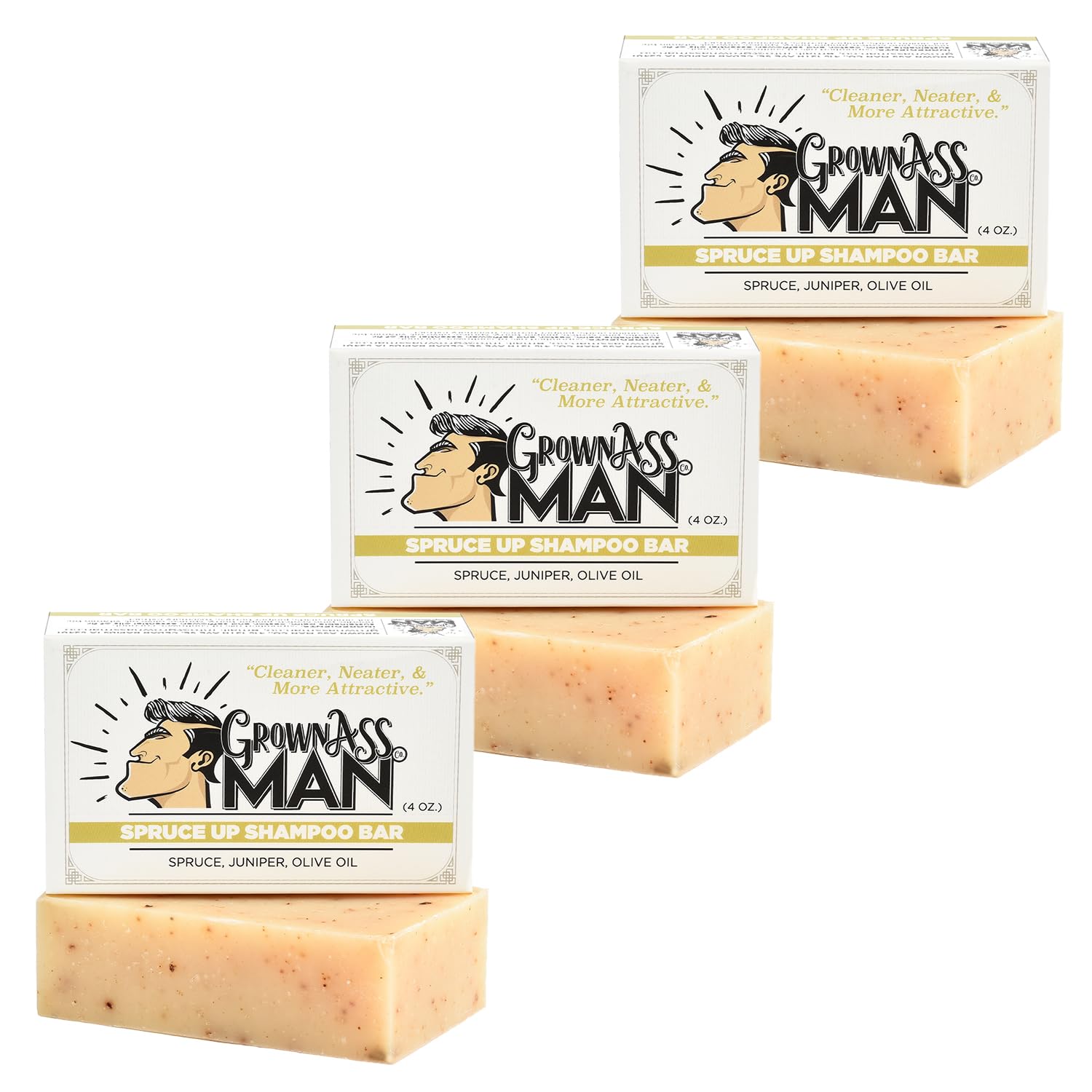 Grown Ass Man Co. - Solid Shampoo Bar Rich Lather 3 in 1: Hair, Beard & Body Wash - Plastic Free & Eco-Friendly, Natural & Organic for All Hair Types, 4oz Bar (Spruce Up, 3-Pack)