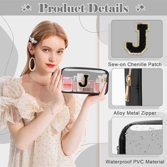 UIXIZQ Personalized Initial Letter Clear Makeup Bag,Preppy Small Nylon&PVC Cosmetic Zipper Bag with Chenille Letter,Travel Skincare Toiletry Bag,Monogram Christmas Gift for Teen Girls Women,J