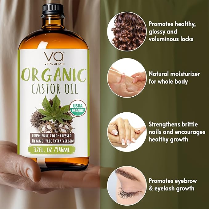 Castor Oil Organic Cold Pressed Glass Bottle 32oz For Hair Growth, Eyebrow