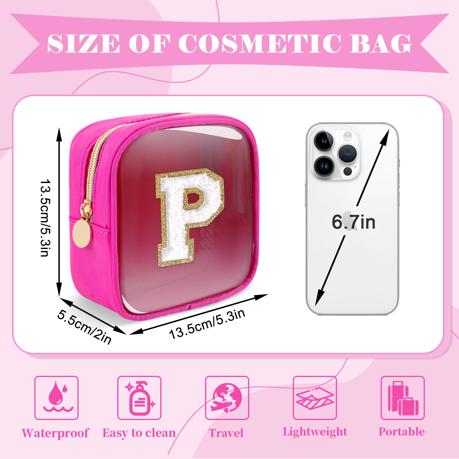 Personalized Initial Letter Clear Preppy Makeup Bag,Mini Nylon Chenille Letter Cosmetic Bag Cute Zipper Pouch Coin Purse for Teen Girls,Portable TSA Approved Travel Essentials Bag Gift for Women,P