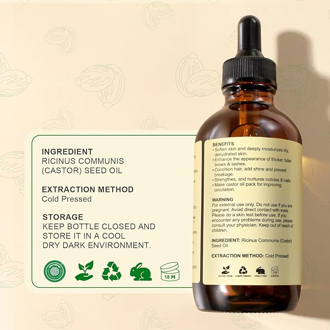 Yoken USDA EWG Castor Oil 4oz, Cold Pressed Hexane Free with Roller Bottle