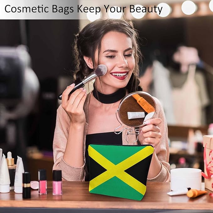 Kalygon Women Cosmetic Bag Jamaica Flag, National Jamaica Flag Cute Makeup Bag For Purse Cosmetic Travel Bag For Toiletries Makeup Storage Bag Flax Skincare Bag Makeup Pouch Bags Green