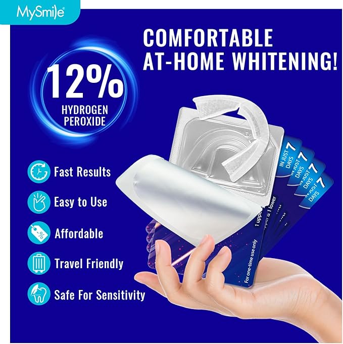 MySmile 7 Treatments Prefilled Teeth Whitening Trays Kit with 12% Hydrogen Peroxide Whiter Gel for Sensitive Tooth, Fast-Result Vegan Teeth Whitener U-Wraps Tooth Stain Remover, Mint Flavor