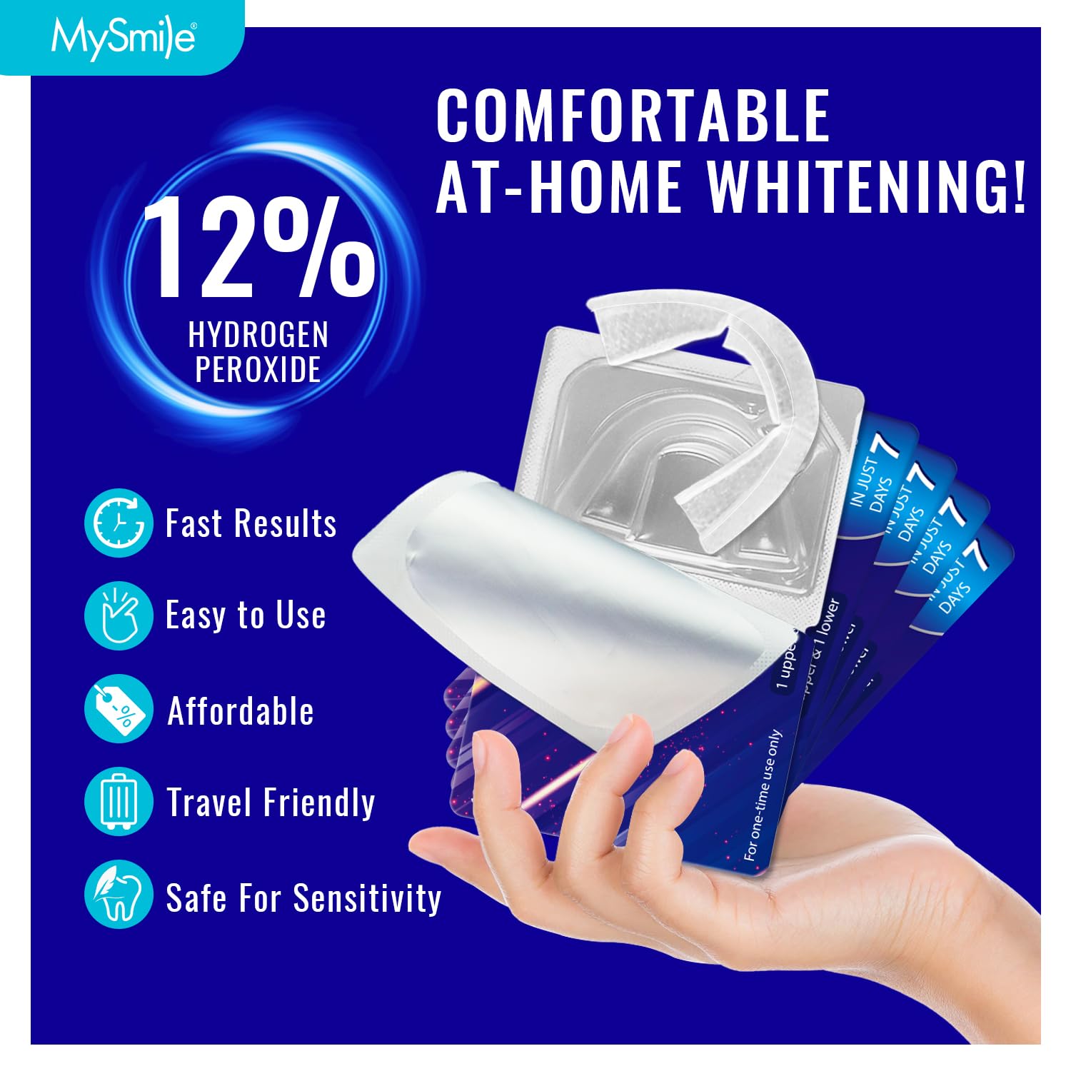 MySmile 7 Treatments Prefilled Teeth Whitening Trays Kit with 12% Hydrogen Peroxide Whiter Gel for Sensitive Tooth, Fast-Result Vegan Teeth Whitener U-Wraps Tooth Stain Remover, Mint Flavor