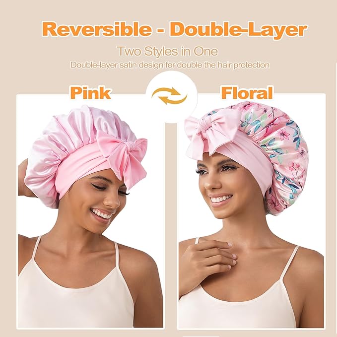 GDTOGRT Satin Silk Bonnet for Sleeping Women, Double Layer Sleep Hair Bonnets Caps for Curly Natural Hair with Tie Band - Pink Floral
