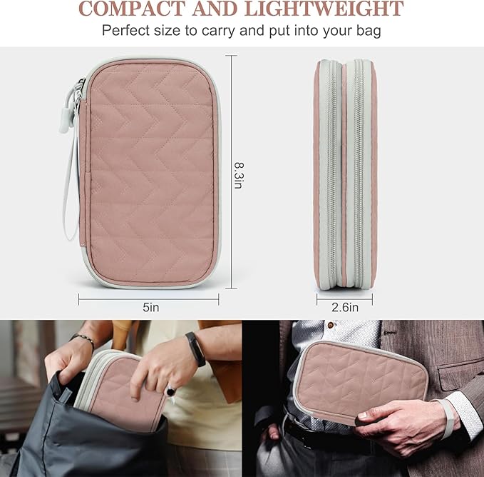 FYY Electronic Organizer, Travel Tech Pouch Bag, Medium, Pink Quilted