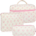 URSKYTOUS 3Pcs Makeup Bag Quilted Cotton Cosmetic Bags for Women Large Small Pink Bow Makeup Pouch Set Cute Coquette Floral Travel Bags Portable Skincare Toiletry Bag Vintage Puffy Essential Organizer