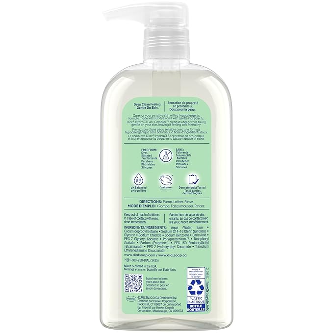 Dial Body Wash, Healthy & Sensitive Aloe, 23 Fl Oz (Pack of 3), Hydraclean Complex & Vitamin E, Gentle, Leaves Skin Feeling Nourished, Dermatologist-Tested, No Parabens & Silicones