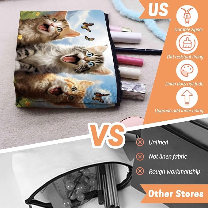 Scribesense Cosmetic Bags Travel Makeup Toilet Case Waterproof Pouch for Women Girls 6.7X9.45inches - Kittens With Butterflies in A Mountain - Sky Background