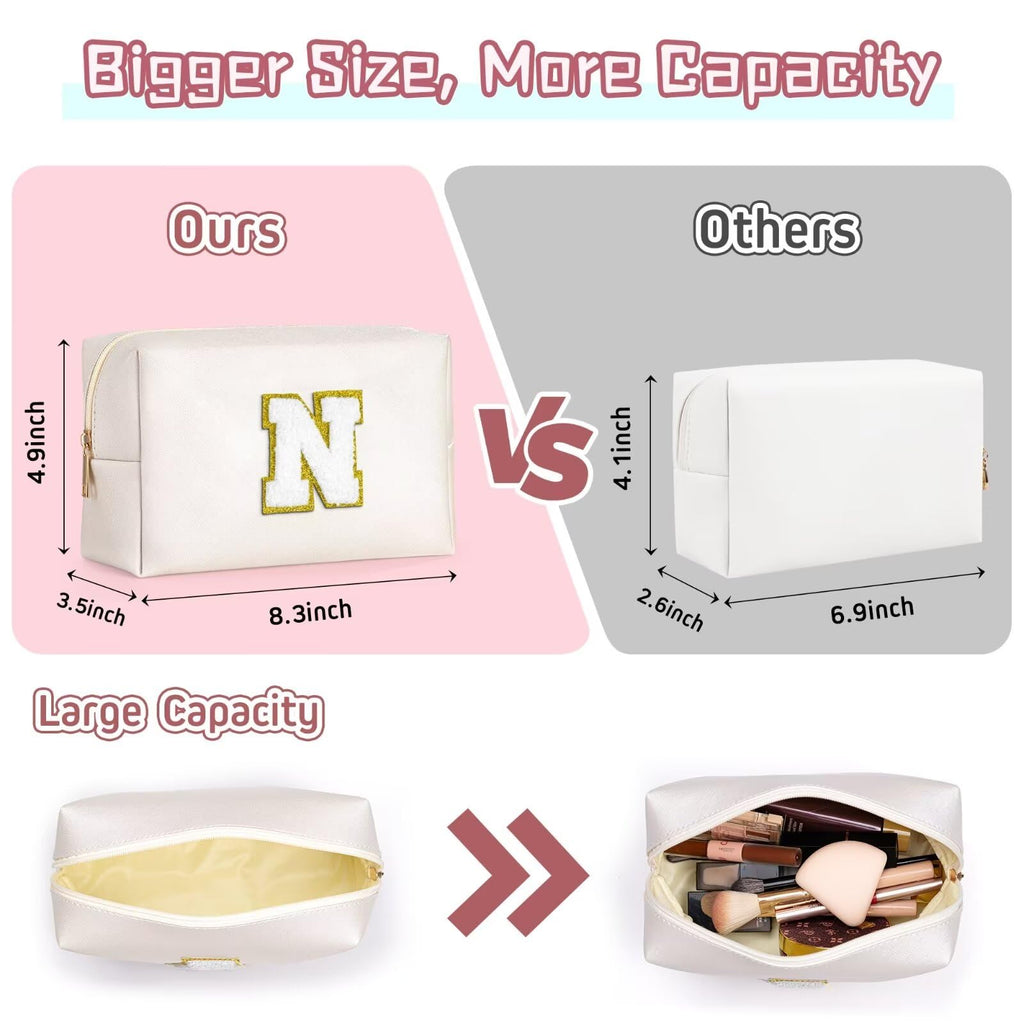 TOPEAST Birthday Gifts for Girls, Travel Makeup Bag Chenille Letter Pouch Cosmetic Bag, Makeup Travel Organizer, Monogrammed Bridesmaid Gifts for Women, Cute Stuff for Girls (White J)