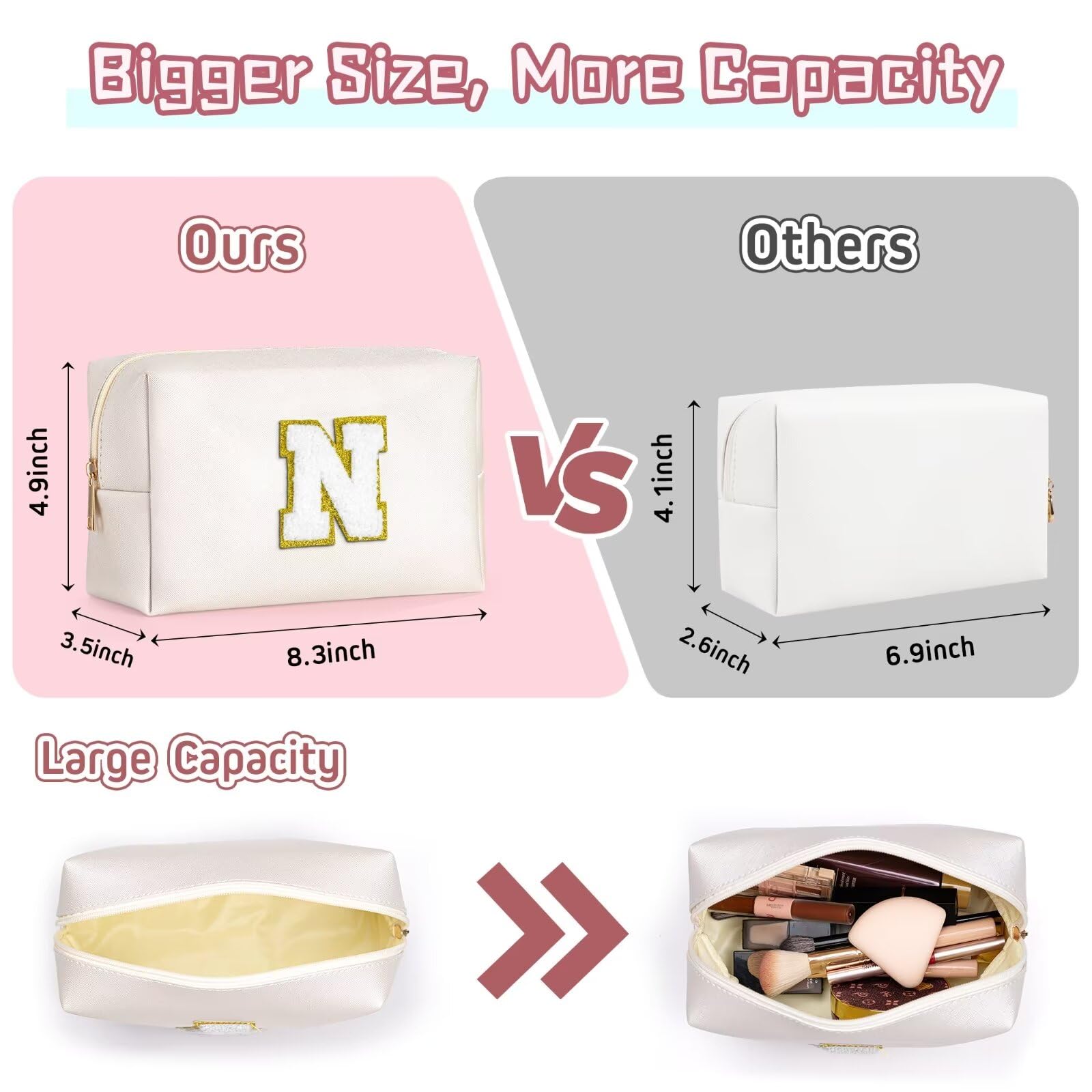 TOPEAST Preppy Stuff for Girls, Initial Makeup Bag Chenille Letter Pouch Cosmetic Bag with Zipper, PU Leather Waterproof Toiletry Bag, Cute Stuff Birthday Gift for Friends Sister (White T)