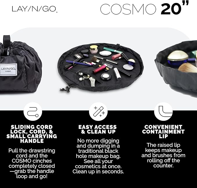 Lay-n-Go Cosmo Layflat Drawstring Cosmetic & Makeup Bag Organizer w/Zipper Pocket, Brush Loops & More, Cinch to Close, Lay Flat to Use, Durable, Machine Wash, Travel Toiletry Bag (20", Purple)