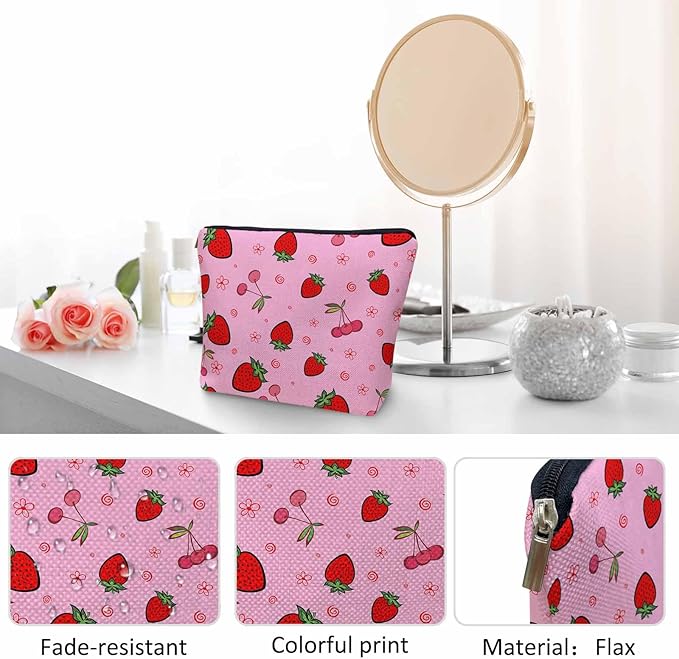 Kalygon Strawberry Makeup Bags Makeup Organizer, Summer Strawberries Cherries Pink Flax Toiletry Bags Travel Cosmetic Bag Makeup Purse Pouch Skincare Bag Wallet Bags For Women Female Mom Daughter