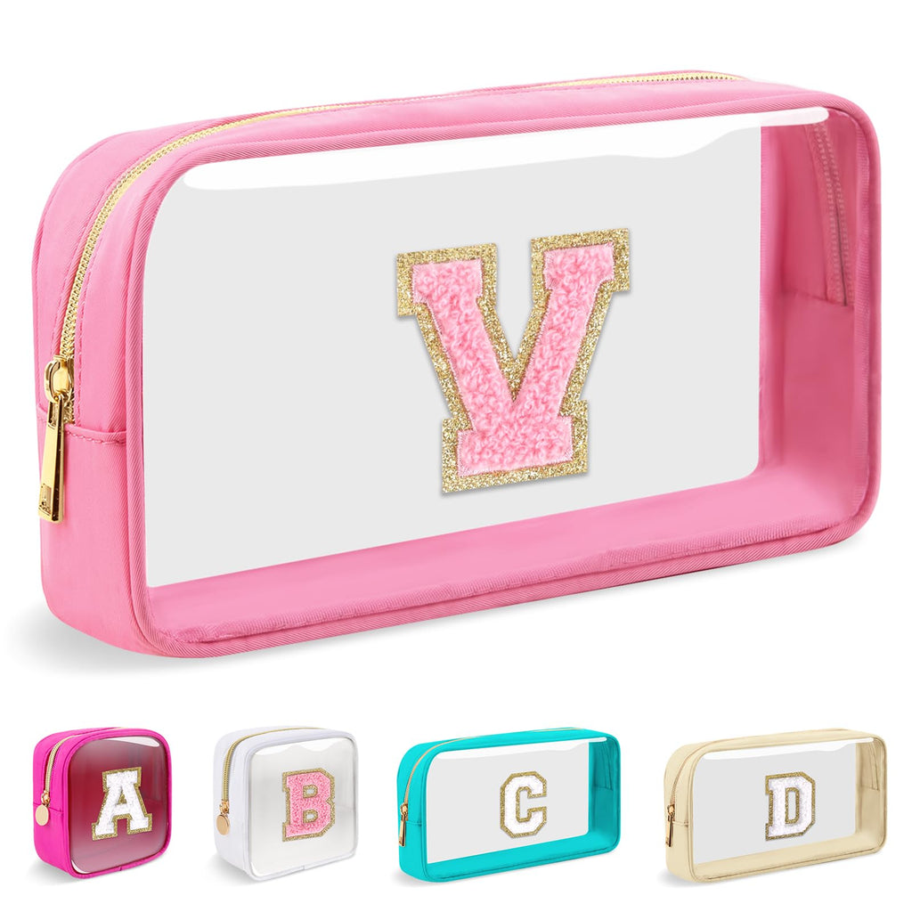 Small Clear Personalized Initial Makeup Bag, Preppy Nylon A-Z Chenille Letter Patch Makeup Organizer TSA Approved Travel Toiletry Bag,Waterproof Zip Beach Cosmetic Pouch Purse for Women(Pink-Pink V)