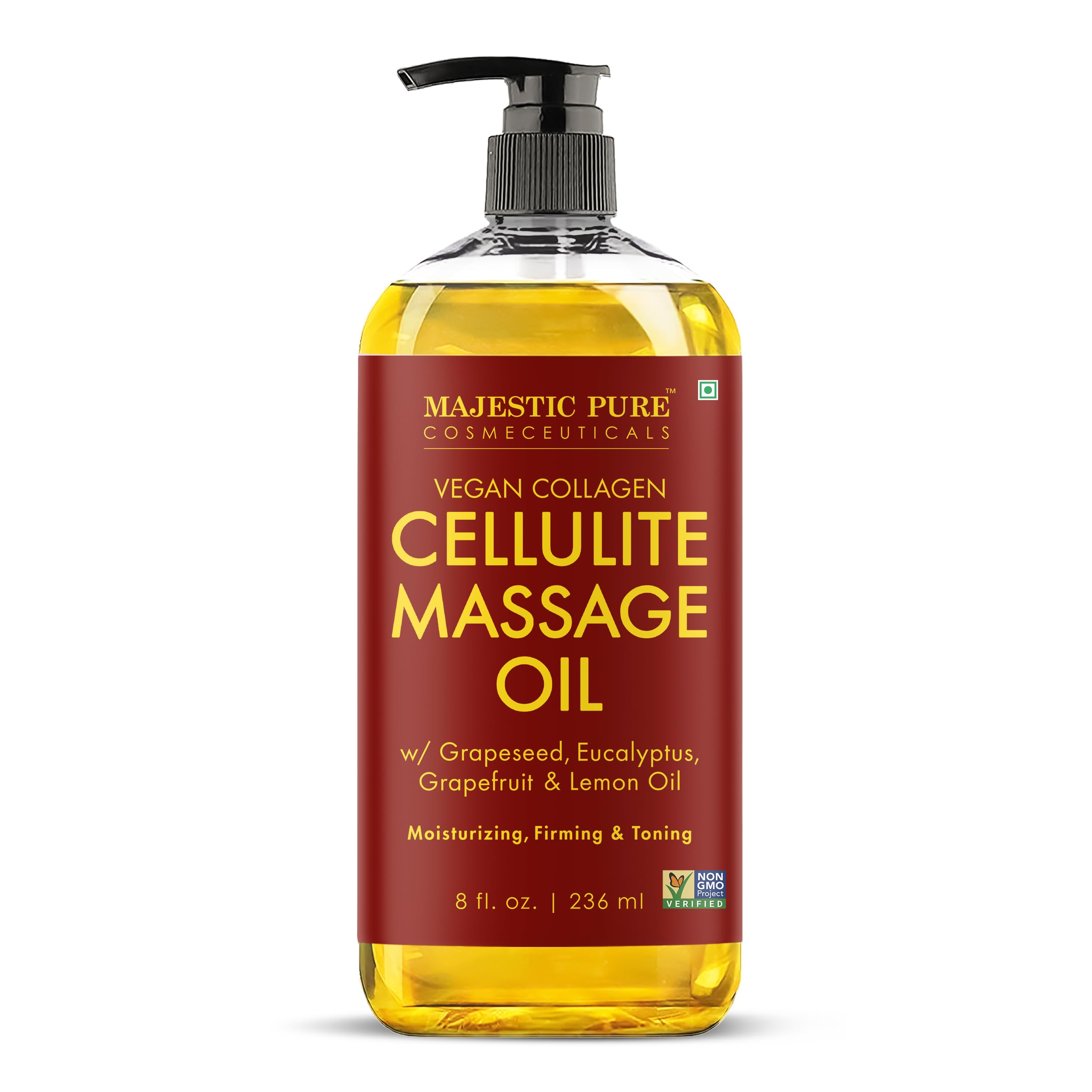 Majestic Pure Firming Body Massage Oil- Helps Smooth the Appearance of Cellulite & Improve Skin Texture- Natural Oils with Collagen- Refreshing Aromatherapy Body Oil for Legs & Full Body - 8 fl oz