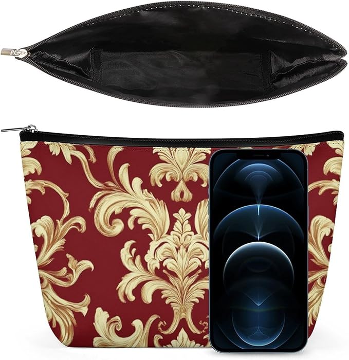 Meaudiwes Fashion Zipper Cosmetic Case, Portable Makeup Case, Personality Toiletry Bag, Travel Cosmetic Toiletry Bag Flower Red Gold Floral Classy Burgundy Antique