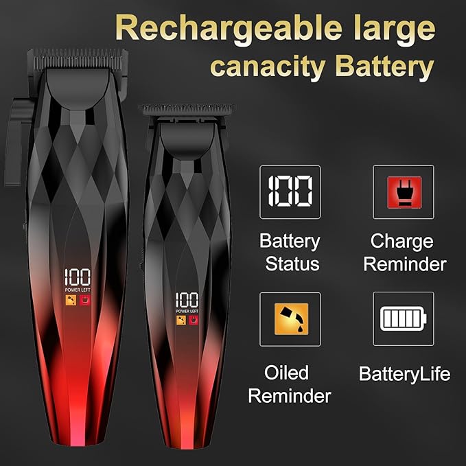 WAIKIL Professional Hair Clipper and Trimmer Set for Men, Cordless Barber Clippers with LED Display, Rechargeable Hair Cutting Kit for Hair, Beard and Grooming,Red