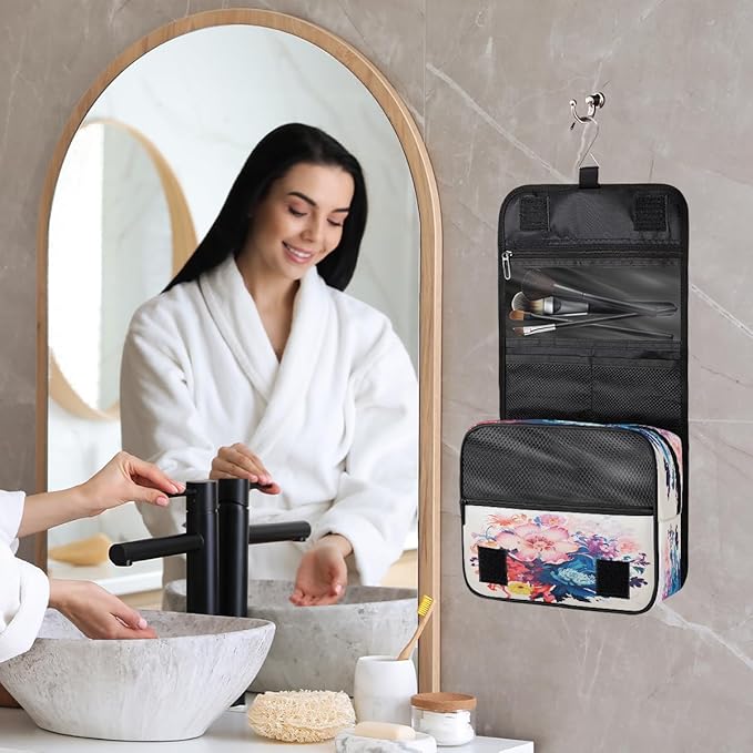 YoYoYuchong Travel Toiletry Bag for Women & Men Colorful Art Flowers Hanging Cosmetic Organizer Portable Waterproof Makeup Case Make Up Bag with Compartments Travel Essentials for Bathroom Shower