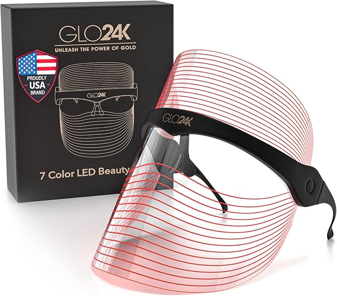GLO24K LED Face Mask with 7 Color Modes - Red Light Facial Beauty Mask, Rechargeable Skin Care Device for At-Home Use, Full-Face Coverage for Radiant-Looking Skin (Clear)
