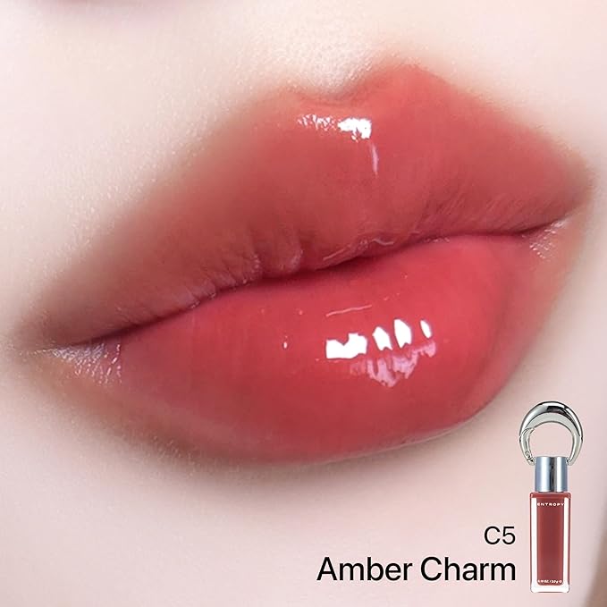 ENTROPY Makeup Glossy Lip Tint – Juicy Glow Line/Non-Sticky Hydrating Lip Gloss Tint, High Shine Finish, Buildable Sheer Color, Lip & Cheek Makeup - Amber Charm (Warm Brick Red)