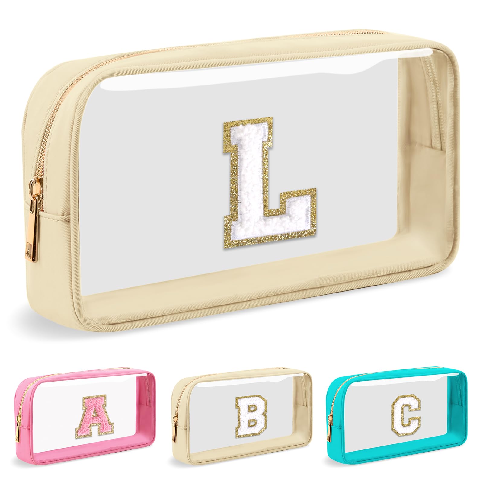 Personalized Initial Letter Clear Makeup Bag,Preppy Small Nylon&PVC Cosmetic Zipper Bag with Chenille Letter,Portable Beach Travel Skincare Toiletry Bag,Trendy Monogram Gift for Teen Girls Women,L