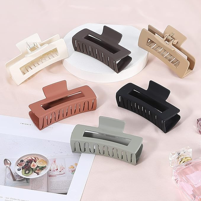 Sisiaipu 4 Inch Big Hair Claw Clips 6 Pcs Large Claw for Thick Hair Square Hair Clips for Women Rectangle Hair Clips Nonslip Acrylic Banana Jaw Clips Hair Accessories for Girls (Brown)