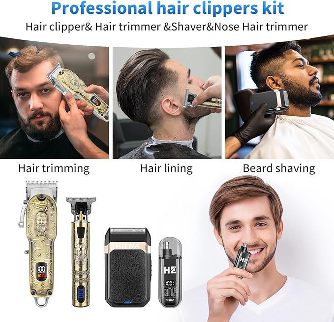 HIENA PRO Hair Clippers for Men Professional, Cordless Barber Clipper and T-Blade Beard/Hair Trimmer Set, Electric Razor Foil Shaver Nose Trimmer Barber Kit, Men's Hair Cutting Kit