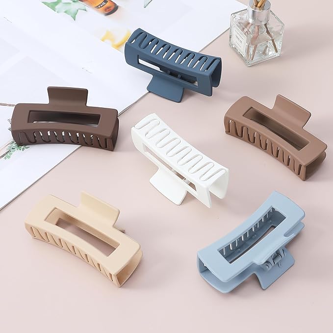 Sisiaipu 4 Inch Big Hair Claw Clips 6 Pcs Large Claw for Thick Hair Square Hair Clips for Women Rectangle Hair Clips Nonslip Acrylic Banana Jaw Clips Hair Accessories for Girls (Brown Blue)