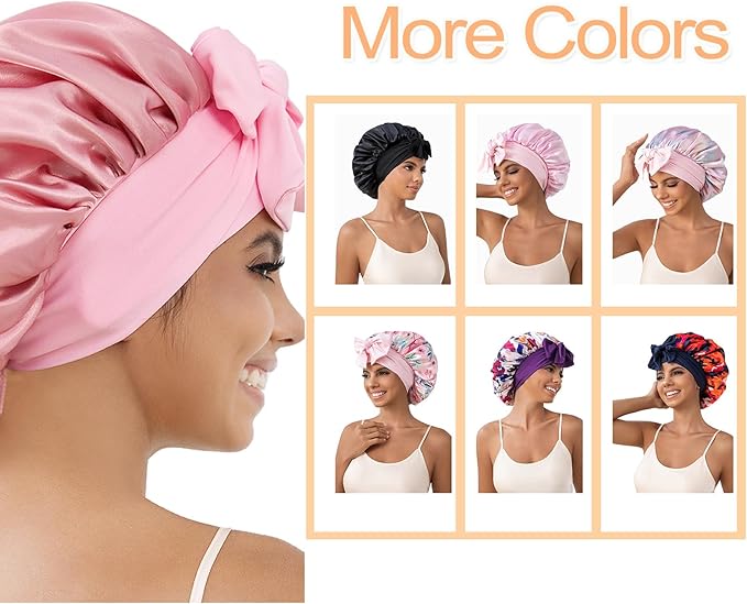 GDTOGRT Satin Silk Bonnet for Sleeping Women,Double Layer Sleep Hair Bonnets Caps for Curly Natural Hair with Tie Band - Pink