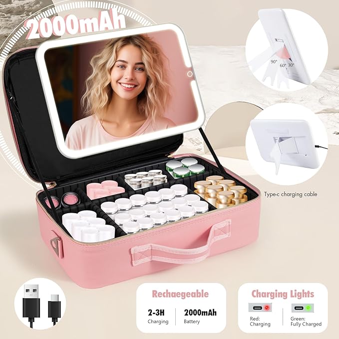 JJhxr 15''X11'' Makeup Bag with Removeable Lighted Mirror, Travel Makeup Case with 3 Color Lights Dimmable Brightness, Large Capacity Cosmetic Organizer Case with Detachable Dividers & Shoulder Strap