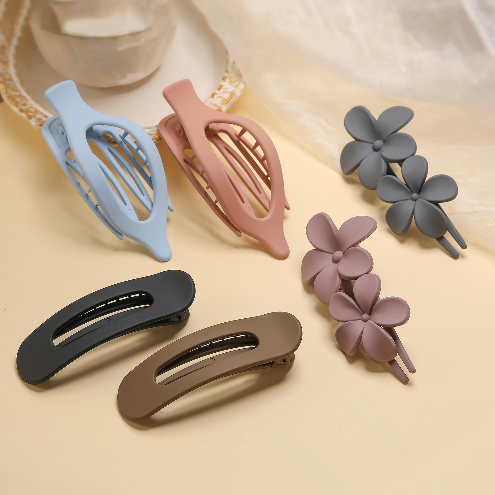 6 Pack Large Flat Claw Clips for Women, French Matte Non Slip Flat Hair Clips, 3 Styles Strong Hold Side Slide Barrettes for Thick Thin Fine Hair, Duckbill No Crease Hair Accessories (Pink&Blue)