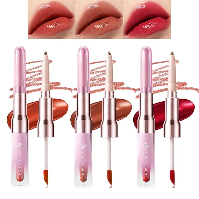 Mrettick 3 PCS Lip Liner and Lip Stain Combo Set, High Pigmented Long Lasting Velvet Lip Tint, Well-Defined Lipliner, Weightless Waterproof Not Animal Tested, Matte Finish Makeup