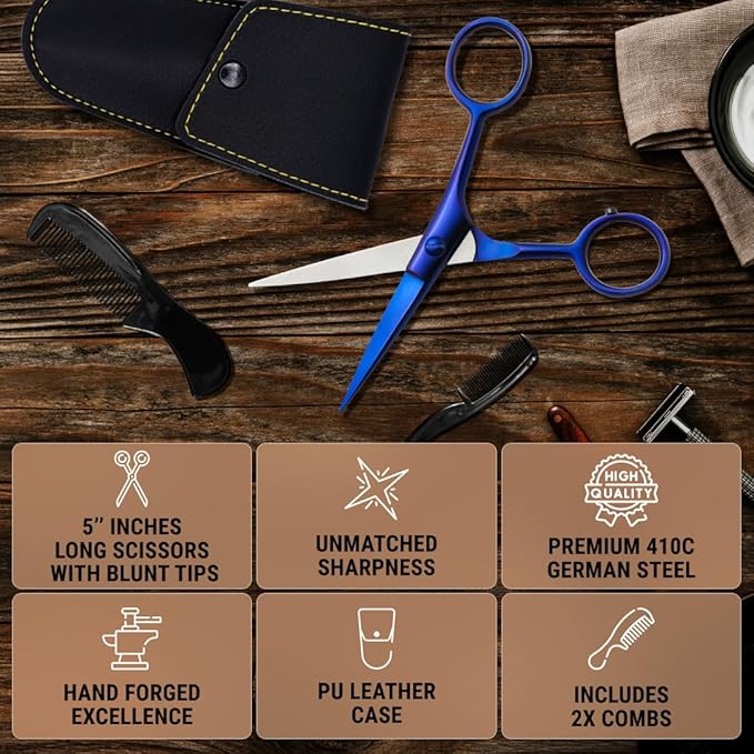 Ontaki 5" Beard & Mustache Scissor with Combs for Men - Midnight Blue