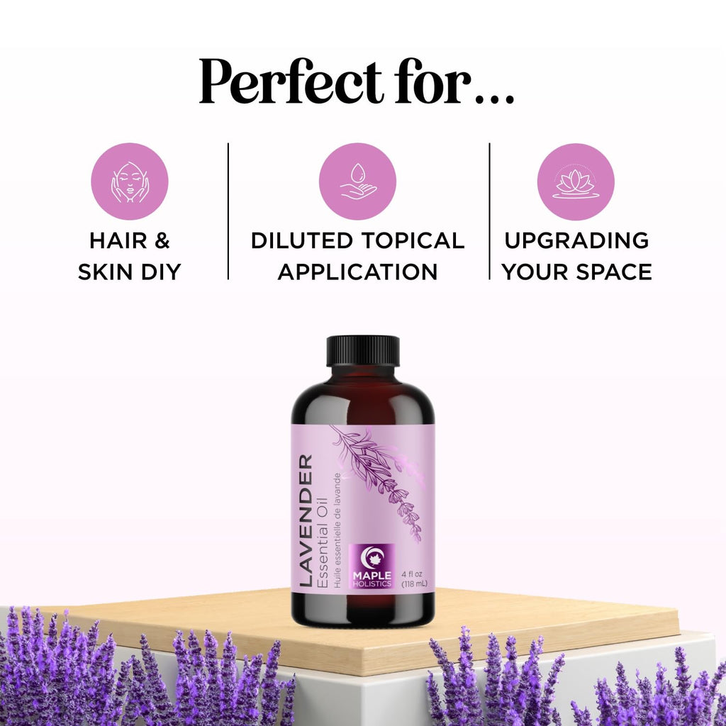 Pure Lavender Essential Oil - Lavender Oil for Hair Skin and Nails Plus Aromatherapy Diffusers Humidifiers Linens and Baths for at Home Spa Self Care - Premium Grade Non-GMO in Glass Bottle (4 Fl Oz)