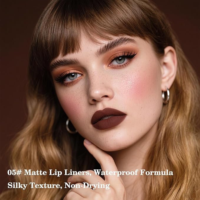 Mefyhtune 2-in-1 Gradient Brown Lip Liner & Lipstick, Dark Brown Maroon Waterproof Long Lasting Matte Lip Liner Pencil, Makeup Smudge proof lip liner with Cone Tip (05#-Dark Brown)