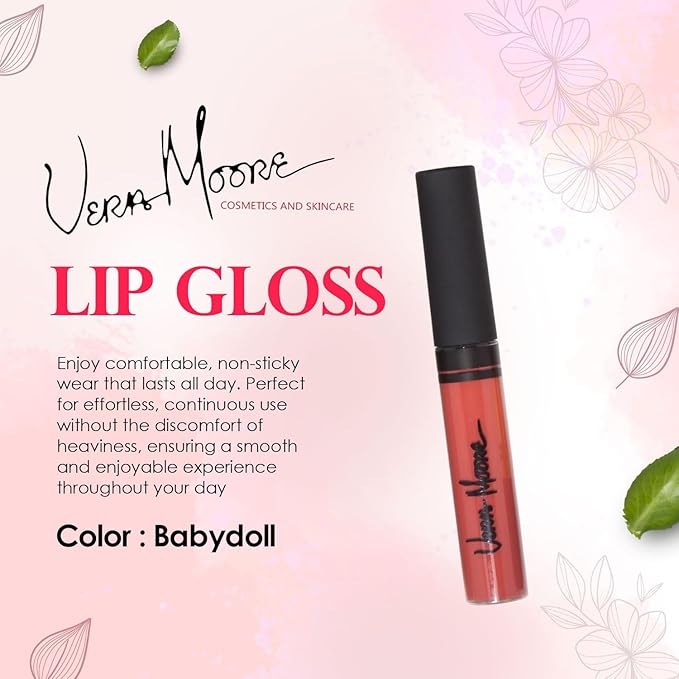 VERA MOORE COSMETICS AND SKIN CARE Lip Gloss, Moisturizing Lip Color with Shimmer for Long Lasting Shine, Lightweight Lip Stain, Girls Non-Sticky Lip Gloss with Aloe Vera, W/Vitamin C, E (Babydoll)