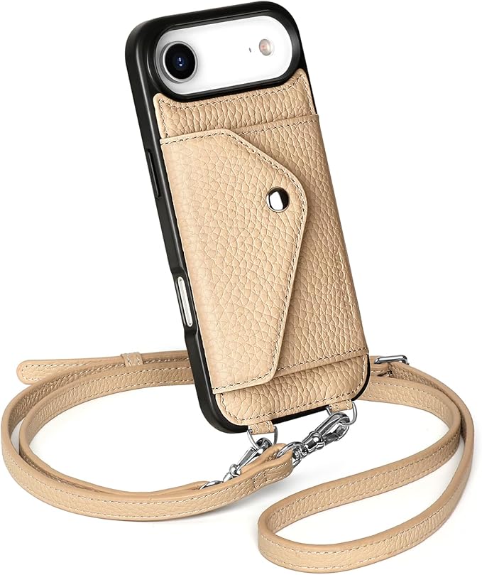 LUCKYCOIN Crossbody Phone Case for iPhone Air,100% Genuine Leather Phone Wallet Case for Women,Fashion Premium Hands-Free Phone Purse with Expandable Flip Card Holder & Adjustable Strap - Pebble Beige