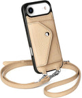 LUCKYCOIN Crossbody Phone Case for iPhone Air,100% Genuine Leather Phone Wallet Case for Women,Fashion Premium Hands-Free Phone Purse with Expandable Flip Card Holder & Adjustable Strap - Pebble Beige
