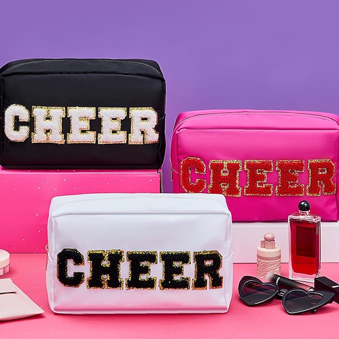 Clysee 6 Pcs Cheer Makeup Bag Chenille Cosmetic Bag with Letter Patches, Waterproof Portable Cheerleader Toiletry Zipper Pouch for Girls Women Teachers Appreciation Gifts (Pastel Colors)