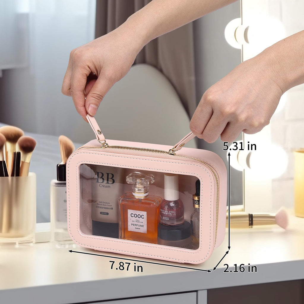 Pinkmik Clear Makeup Bag Transparent Travel Case for Cosmetics and Toiletries Women's Clear Car Bag with Zipper (Pink, Small)