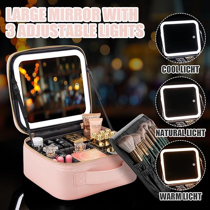 Makeup Travel Train Case with Mirror LED Light Portable Cosmetic Bag