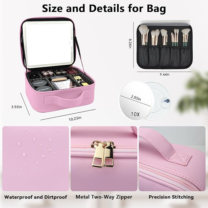 SLUMAZI Travel Makeup Bag with LED Mirror and 10x magnifying glass with 3 Lighted Settings, Adjustable Dividers and Makeup Brush Storage Bag Light Pink