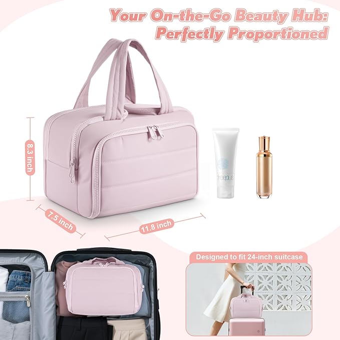 todbown Travel Toiletry Bag:  Large Capacity, 4 Compartments, Wet/Dry Separation, Ultra-Soft Lightweight Fabric & Anti-Spill Design for Travel,Gym,Gift(11.8" L) (Soft Pink)