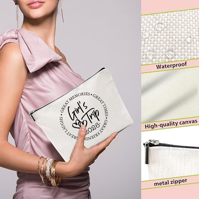 BQXH 4 Pcs Girls Trip Gifts Favors, Girls Weekend Gifts Makeup Bag, Bestie Weekend Bag Toiletry Bag with Liner, Vacation Cosmetic Bag, Friendship Gift for Women Friend Daughter, Graduation Gift