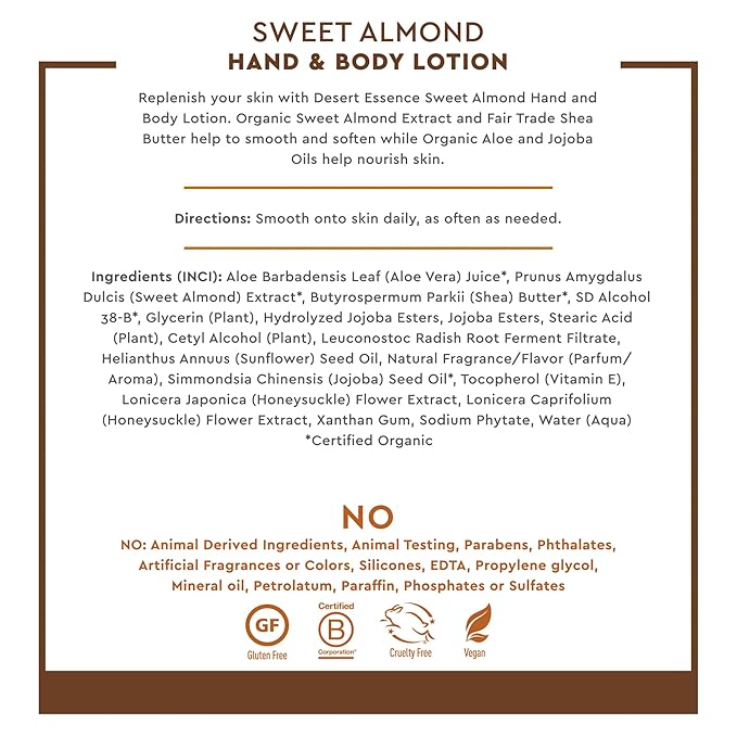 Desert Essence Sweet Almond Hand and Body Lotion, 8 fl oz