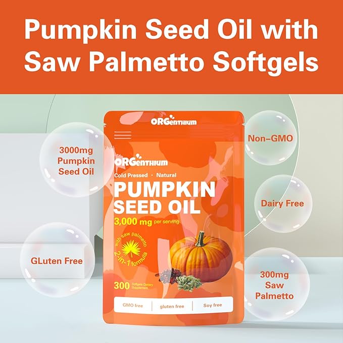 Pumpkin Seed Oil with Saw Palmetto, 3000mg Per Serving, 300 Softgels | Cold Pressed, Pure Virgin Oil, Essential Fatty Acids & Phytosterols