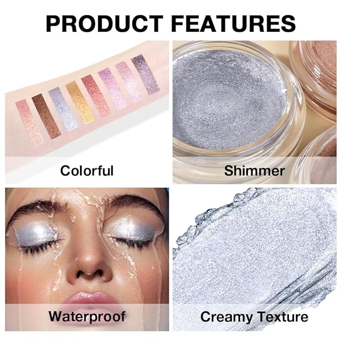FeiCuiYun Cream Glitter Grey Blue Shimmer Metallic Eyeshadow Palette Makeup, Natural Single Mini Instant Holographic Eyeshadow For Women, Sombras Crema Para Ojos, Talc, Paraben & Cruelty Free