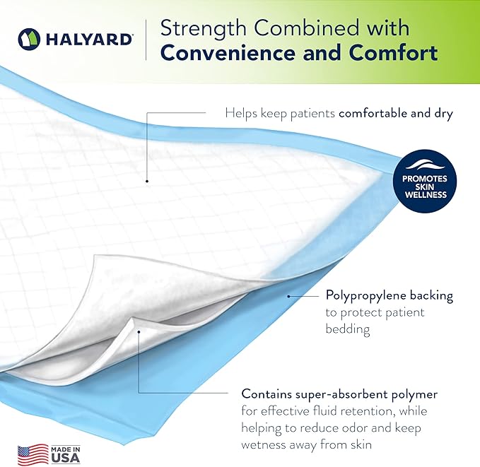 HALYARD Premium Disposable Underpads, 17 x 24 Inches Chux Pads - Light Blue, Pack of 50 - Incontinence Bed Pads for Adults with Airlaid Core for Moisture and Odor Control