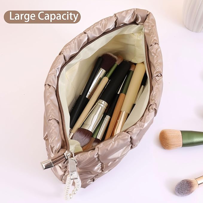 Beayuva Puffer Quilted Makeup Bag Travel Cosmetic Bag Portable Puffy Checkered Toiletry Pouch Skincare Organizer Purse Pencil Case (Black)