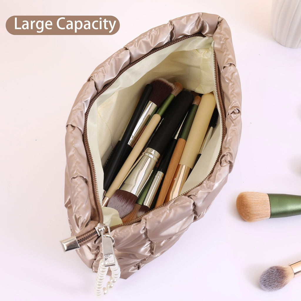 Beayuva Puffer Quilted Makeup Bag Travel Cosmetic Bag Portable Puffy Checkered Toiletry Pouch Skincare Organizer Purse Pencil Case (Black)